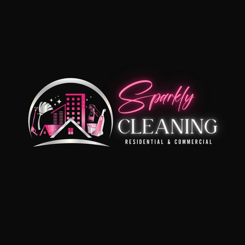 May include: A logo for a cleaning service called "Sparkly Cleaning" with the tagline "Residential & Commercial". The logo features a silver building with a pink roof and cleaning supplies, including a broom, a bucket, a spray bottle, and a vacuum cleaner.