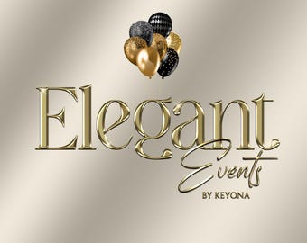 Design de logotipo digital moderno com balões metálicos pretos e dourados, logotipo para organizadores de eventos, identidade visual.
