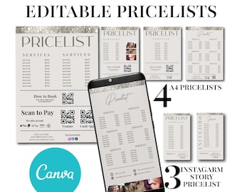 7 Editable pricelist templates, A4 pricelist template, Instagram story pricelist, Instant download, Scan to pay template