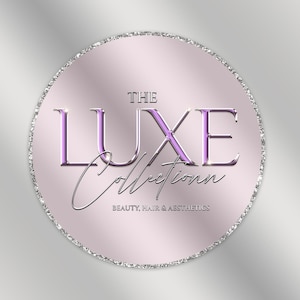 May include: A circular logo with a silver glitter border and a gradient pink background. The text "THE LUXE Collection" is in purple and silver, with "BEAUTY, HAIR & AESTHETICS" in smaller silver text below.