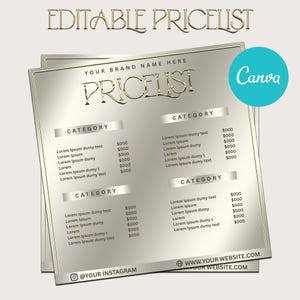 Può includere: Un modello di listino prezzi modificabile argento e oro con il testo "EDITABLE PRICELIST" in alto. Il design include sezioni per categorie e prezzi, con testo segnaposto. Un logo Canva si trova nell'angolo in alto a destra.