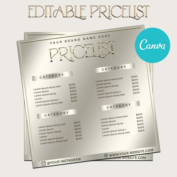 Editable Gold pricelist template, DIY pricelist, Instant Download, Digital download, Beauty salon price sheet, Instagram pricelist