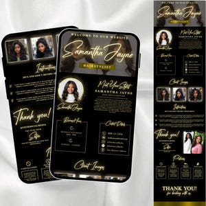 May include: Black smartphone screens displaying a website design for a hairstylist named Samantha Jayne. The design features gold text and images of hairstyles, contact information, and client images. The design includes the text "Thank you!" and social media handles.