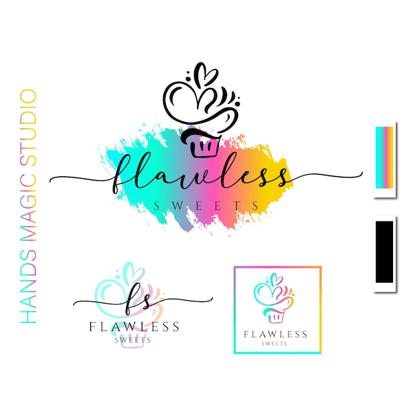 Premade  multicolored cupcake bakery logo design, heart cake logo, colorful bakery logo, unique bakery logo, pastry logo, desserts logo