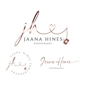 May include: A logo design for a photography business called "Jaana Hines Photography". The logo features a stylized "jh" with a heart and a camera icon.