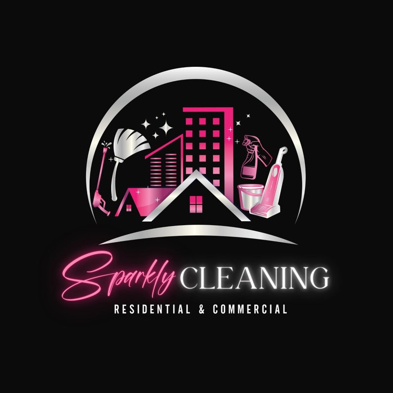 May include: A logo for a cleaning service called "Sparkly Cleaning" with the tagline "Residential & Commercial". The logo features a silver and pink house with cleaning supplies, including a spray bottle, a bucket, a duster, and a vacuum cleaner.