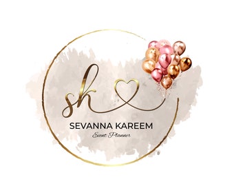Digital Premade gold rose gold and pink balloons logo design, event planners logo, balloons decorator logo, Branding, Party designer logo