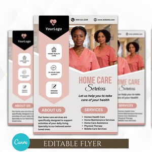 Può includere: Un volantino pubblicitario per servizi di assistenza domiciliare, con un design rosa e bianco. Il testo recita "Home Care Services" con un elenco di servizi. Sono incluse immagini di operatori sanitari. Il logo Canva è visibile.