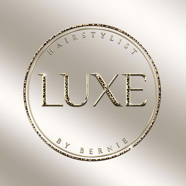 May include: A gold and leopard print logo for a hairstylist. The word "LUXE" is in large, bold letters with a leopard print pattern. The words "HAIRSTYLIST" and "BY BERNIE" are in smaller text, encircling the main text.