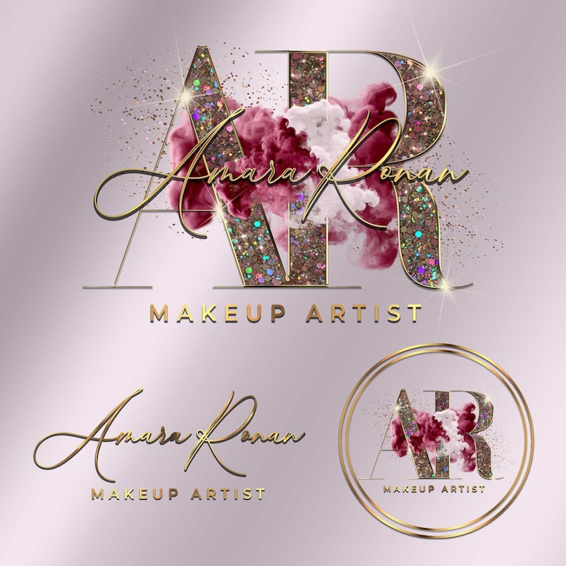 Op de afbeelding: Een logo-ontwerp voor een visagist, met de initialen "AR" in een glitterende, veelkleurige letter, met een wolk van bordeauxrode en witte rook. De naam "Amara Ronan" is in elegant goud geschreven, met "MAKEUP ARTIST" eronder.