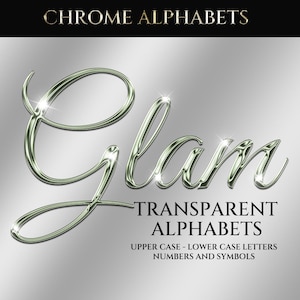 Puede incluir: Fuente de escritura "Glam" plateada con un aspecto brillante similar al cromo. La imagen también incluye el texto "Chrome Alphabets" en la parte superior y "Transparent Alphabets" con detalles sobre letras mayúsculas y minúsculas, números y símbolos.