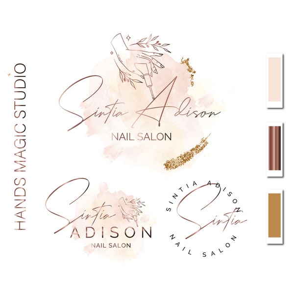 Premade blush pink and rose gold logo design, gold glitter, nails salon logo, nails logo, beauty salon logo, watercolor logo, makeup logo