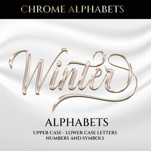Puede incluir: Gráfico digital con la palabra "Winter" en una fuente cursiva cromada con un degradado rosa-dorado. La palabra está centrada en un fondo de tela blanca drapeada. La imagen también incluye el texto "CHROME ALPHABETS" y "ALPHABETS".