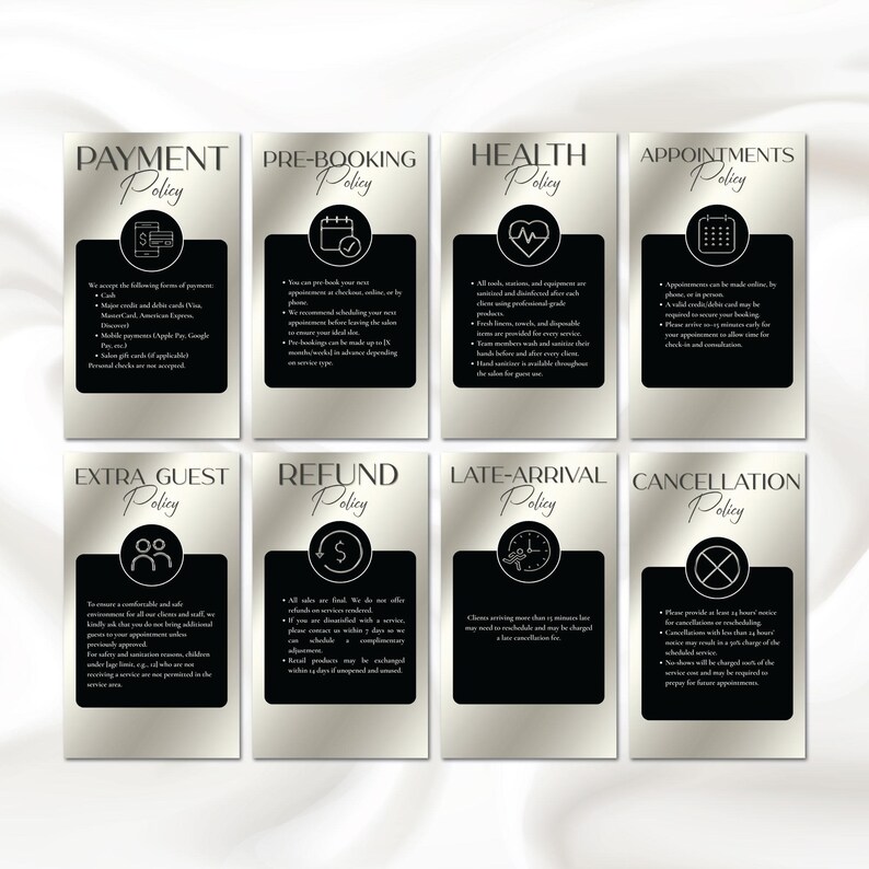 Policy Card Design Gold Editable Salon Policy Templates, Refund Policy Template ...