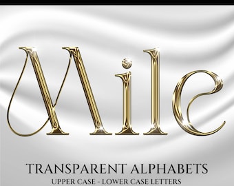 May include: Gold chrome alphabet letters spelling "Mile" against a white background. The image also includes the text "Chrome Alphabets" and "Transparent Alphabets, Upper Case - Lower Case Letters, Numbers and Symbols".