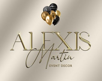 Design de logotipo digital moderno com balões metálicos pretos e dourados, logotipo para organizadores de eventos, identidade visual.