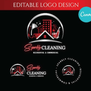 Può includere: Un design di logo per un servizio di pulizia chiamato "Sparkly Cleaning". Il logo presenta un cerchio argentato con una casa rossa, una scopa, uno spruzzino e un aspirapolvere. Il testo "Sparkly Cleaning" è in rosso con un contorno argentato. Il testo "Residenziale & Commerciale" è in testo rosso più piccolo sotto il logo.