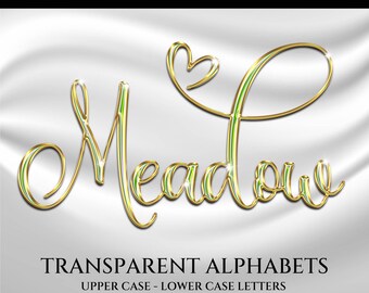 Letras cursivas transparentes brilhantes em verde e dourado, letras em formato de coração em PNG, download digital, letras metálicas para cartões, flyers, logotipos e convites.