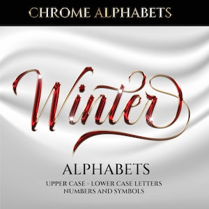 May include: A digital graphic featuring the word "Winter" in a glossy red script with gold outlines, set against a white fabric background. The image also includes the word "ALPHABETS" and details about upper and lower case letters, numbers, and symbols.