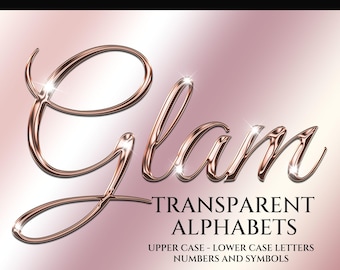 Alfabeto transparente em ouro rosa, letras em fonte cursiva, números e símbolos brilhantes (download digital)