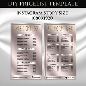 May include: A digital template for an Instagram story pricelist, featuring a gold and rose-gold color scheme. The design includes sections for categories and pricing, with placeholder text. The template is designed for a 1080x1920 resolution.