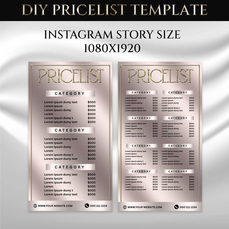 May include: A digital template for an Instagram story pricelist, featuring a gold and rose-gold color scheme. The design includes sections for categories and pricing, with placeholder text. The template is designed for a 1080x1920 resolution.