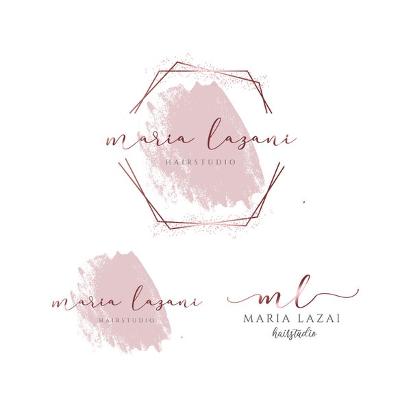 Rose gold watercolor hexagon shape logo design, Beauty logo, Blog logo, Branding, Hairstylist Logo, stylish logo, business logo