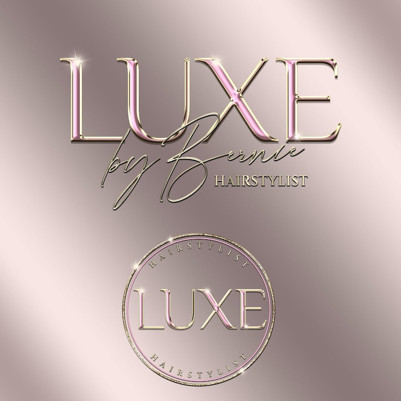 Puede incluir: Un logotipo rosa y dorado con el texto "LUXE by Bernie Hair stylist" y un logotipo circular con el texto "Hair stylist LUXE Hair stylist".