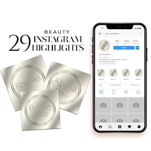 May include: A smartphone screen displaying a social media profile with a username, follower count, and a grid of nine images. The profile is for a beauty brand and includes highlights titled "Reviews", "About Me", and "Before After".