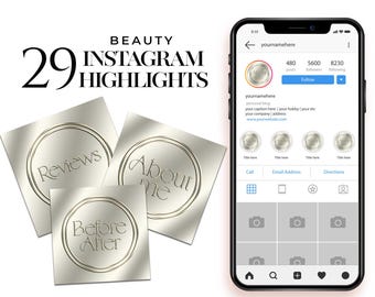 Pode incluir: A tela de um smartphone mostrando um perfil de mídia social com um nome de usuário, contagem de seguidores e uma grade de nove imagens. O perfil é para uma marca de beleza e inclui destaques intitulados "Avaliações", "Sobre mim" e "Antes e depois".