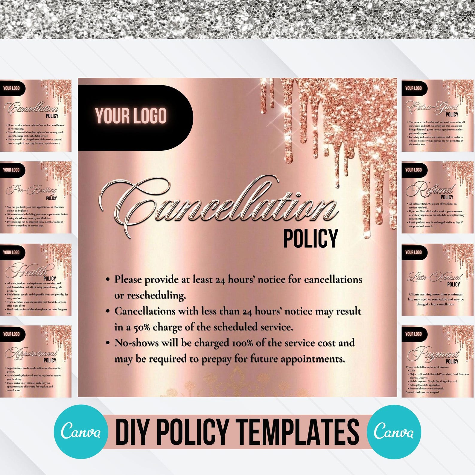 Rose Gold Editable Salon Policy Canva Templates, Refund Policy Template ...