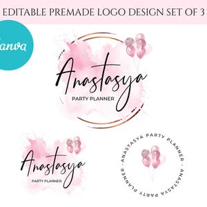Design moderno del logo modificabile rosa e oro rosa, design del logo con palloncini, download immediato, download digitale, logo per organizzatori di eventi, logo fai da te