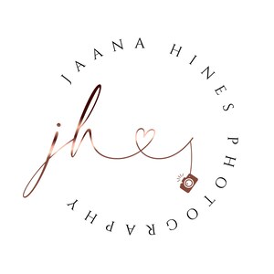 May include: A logo for Jaana Hines Photography, featuring a stylized cursive "jh" with a heart and a camera icon. The text "Jaana Hines Photography" is written in a circle around the logo.