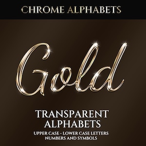 以下が含まれることがあります： 光沢のある筆記体フォントで「Gold」という単語が表示されたデジタルグラフィック。テキストは金色のハイライトで、濃い茶色の背景に設定されています。画像には「Chrome Alphabets」と「Transparent Alphabets」の文字も含まれています。