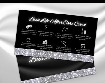 Editable Lash lift Aftercare card, Aftercare card, DIY lashes salon post service instructions, Glittery lash card card, Digial download