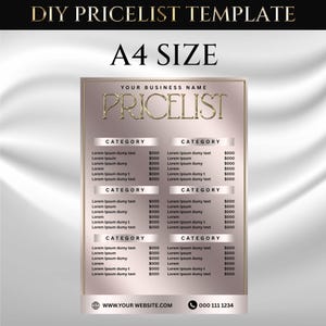 May include: A4 size DIY pricelist template with a gold and rose-gold color scheme. The template includes sections for category, item descriptions, and pricing. The top of the template reads "DIY PRICELIST TEMPLATE" and "A4 SIZE". The bottom includes a website and phone number.