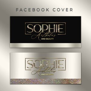 Puede incluir: Imagen de portada de Facebook con fondo blanco y negro. La imagen presenta un logotipo dorado y con brillantina que dice "SOPHIE Aesthetics and Beauty".