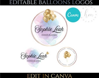 Modern Editable Pink blue gold balloons watercolor Logo design, events planner logo, instant download balloons logo, DIY  Balloons Logo