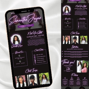 Peut inclure: Un smartphone affiche une maquette de site web pour une coiffeuse nommée Samantha Jayne. Le design présente un fond noir avec des accents violets, le nom de la styliste et ses coordonnées. Des images de clientes sont également affichées.