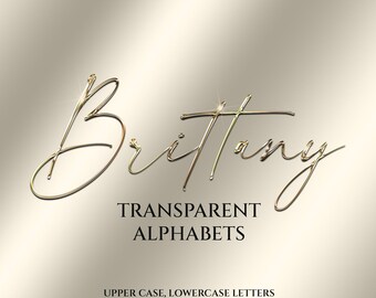 Alfabeto cursivo dourado transparente, download digital, arquivos PNG, letras personalizadas para criação de logotipos, flyers e convites.