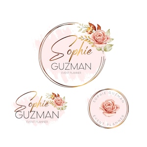 Fiore di rosa digitale con logo con testo metallico in oro rosa, logo floreale, logo per organizzatore di eventi, logo per boutique, logo per cosmetici, marchio