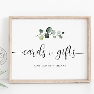 Cards and Gifts Sign, Books and Cards Sign, Eucalyptus Cards and Gifts, Greenery Gifts Table Sign, Printable Sign Template, Instant Download
