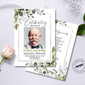 Greenery Funeral Program Template With Eucalyptus Leaves, Floral Memorial Program, Editable, Celebration of Life, 5x7", 5.5x8.5", 8.5x11" A5