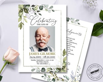 Greenery Funeral Program Template With Eucalyptus Leaves, Floral Memorial Program, Editable, Celebration of Life, 5x7", 5.5x8.5", 8.5x11" A5