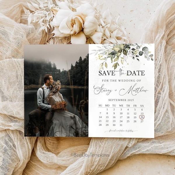 Calendar Save The Date Template with Photo, Greenery Save The Date Card, Eucalyptus Save the Date invite, Smartphone, Editable Printable, G1