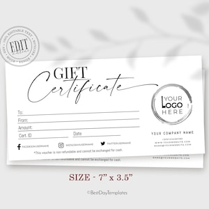 Modern Gift Certificate Template, Editable Gift Card Template with Logo, Printable Gift Cards, Gift Voucher Template, Instant Download 7х3,5