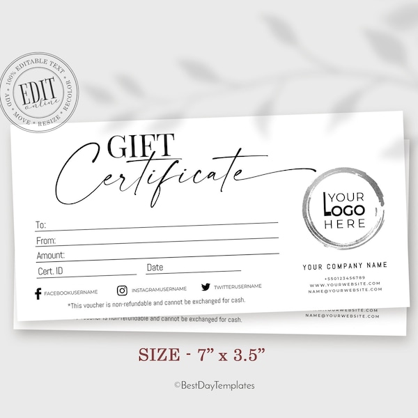 Modern Gift Certificate Template, Editable Gift Card Template with Logo, Printable Gift Cards, Gift Voucher Template, Instant Download 7х3,5