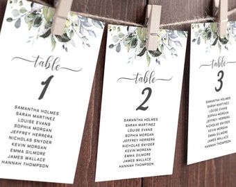Wedding Seating Chart Template with Watercolor Eucalyptus, Editable Seating Cards, Seating Chart Sign,Table Assignment Card Instant Download