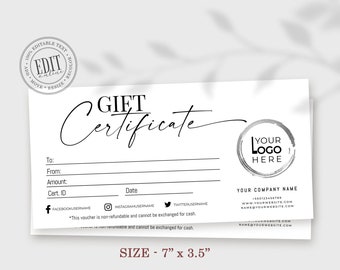 Modern Gift Certificate Template, Editable Gift Card Template with Logo, Printable Gift Cards, Gift Voucher Template, Instant Download 7х3,5