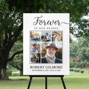Funeral Welcome Sign Template, Funeral Memory Sign Photo Collage, Memorial Service Sign, Forever in our Hearts, DIY Funeral Poster 5+1 photo